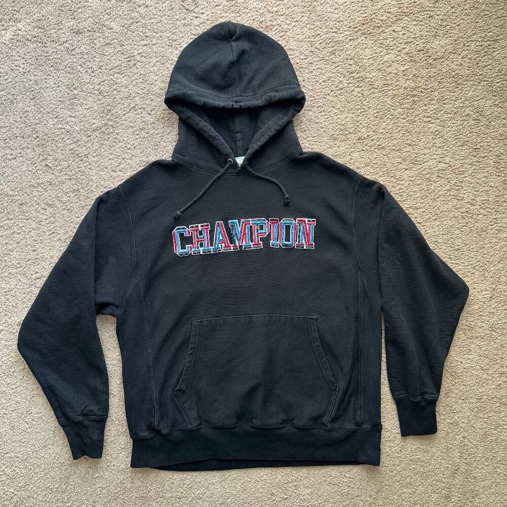 Champion Sweatshirt Mens Large Pullover Hoodie Reverse Weave Black Logo